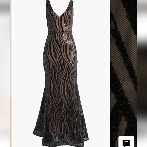 NIGHTWAY Long Swirl Pattern Sequin Gown W/Power Mesh Side Insets & Deep V Back - Picture 9 of 13